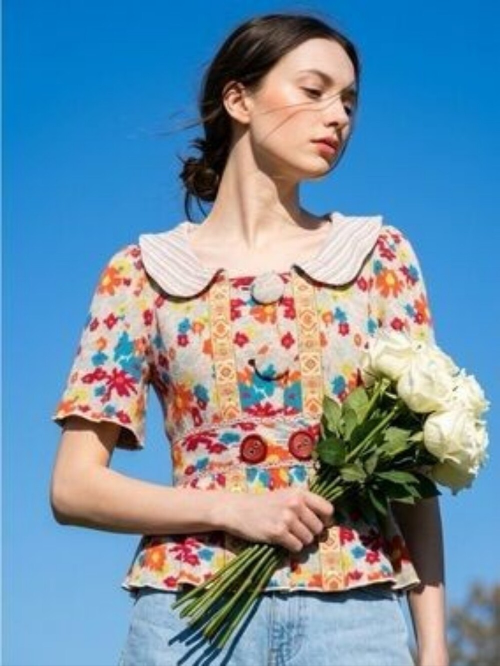 Anthropologie HRW Floral Wool Short Sleeve Sweater Blazer Size Large
